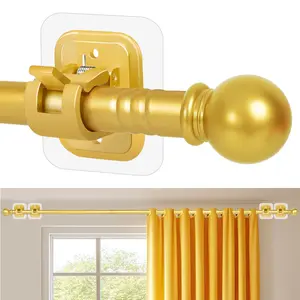 Gold Renter Friendly Curtain Rods No Drilling for Windows 48 to 64 Inch,Outdoor Drapey Pole with Non Drill Curtain Rod Brackets,Ceiling Cortineros Long Para Ventanas with Adhesive Drapes Stick Holder