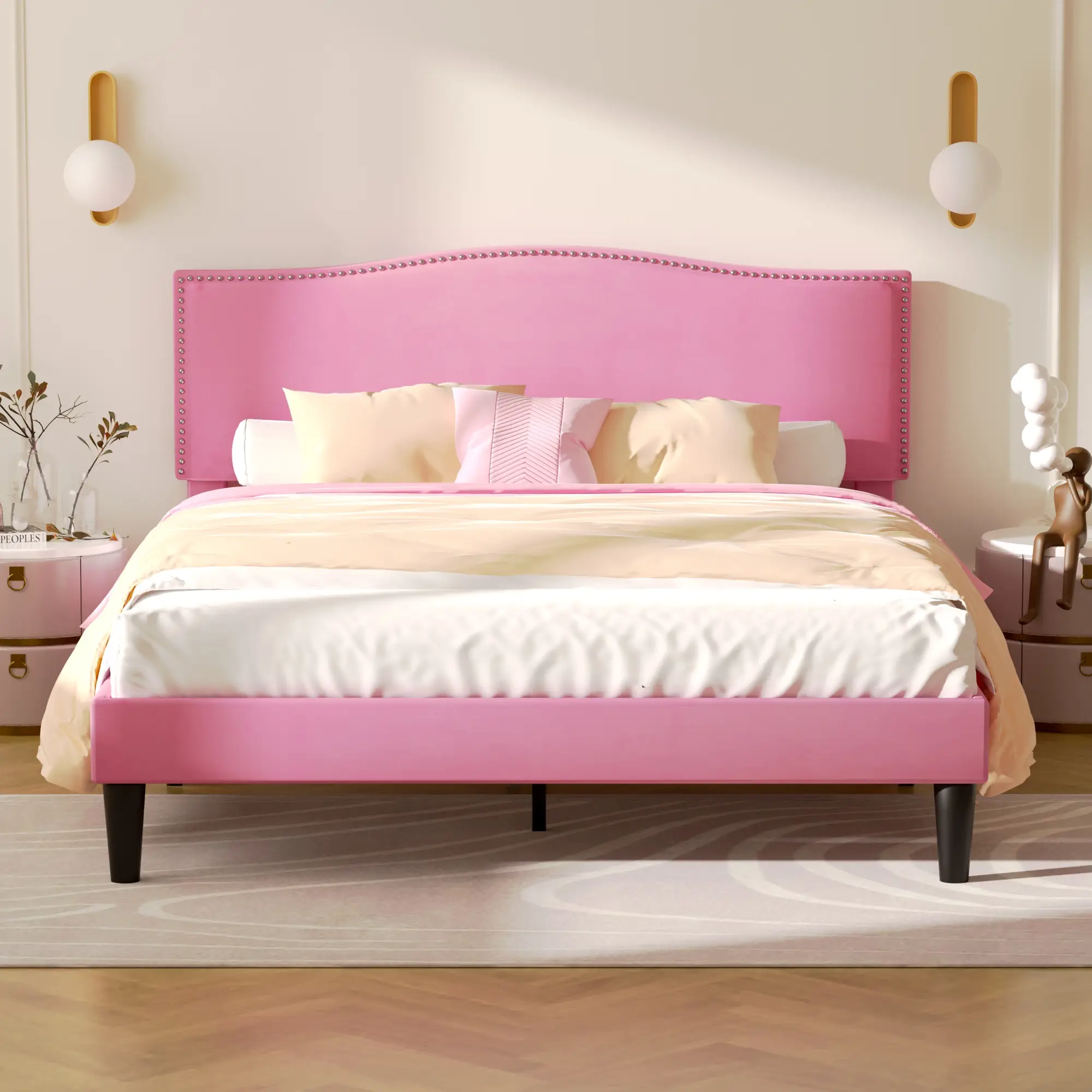 VECELO Pink Bed Frame Platform Bed Frame with Upholstered Headboard, Strong Frame and Wooden Slats Support, Strong Weight Capacity, Non-Slip and Noise