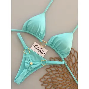 Women's 2pcs Bikini Swimsuit - Sexy High-Elastic Bikini Set with Tie-Back Triangle Top & Heart Thong Bottoms, Solid Color Full Coverage Bathing Suit Suitable for Beach, Pool, Pool Parties, Summer Vacations - Hand Washable