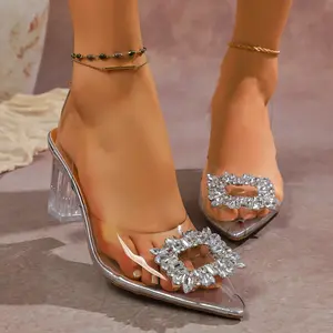 Transparent PVC rhinestone pointed high-heeled sandals