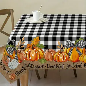 Thanksgiving Pumpkin Tablecloth, Fall Table Runner Black Buffalo Pattern Fall Tablecloth, Home Holiday Fall Decor, Indoor/Outdoor, Fall Pumpkin Decor, Waterproof Fall Thanksgiving Plaid Pumpkin Tablecloth, Rectangular