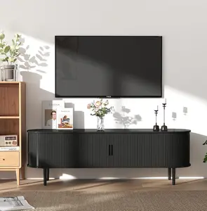 EBELLO 70" Tambour TV Stand | Mid-Century Modern Media Console with Rounded Corners & Metal Legs, Walnut | Christmas Gift