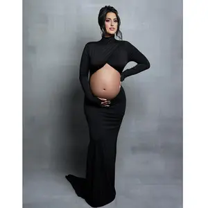 Maternity Pregnant Women High Neck Hollow Out Mermaid Maxi Dress Gown for Photoshoot Photography