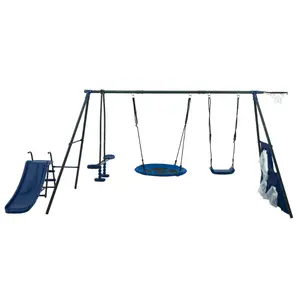 Metal 6 in 1 Swing Set for Kids, Playground with Basketball Hoop & Football net, Seesaw & 3.28ft Slide Durable Steel Frame, Outdoor Backyard Playset, Swing Sets for Backyard (Blue)
