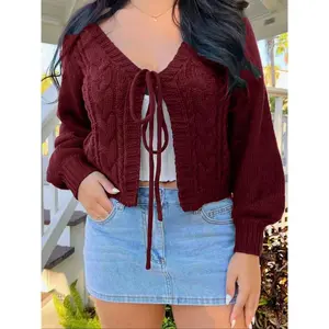 Plus Size Women's Solid Long Sleeve Bow Tie Cardigan Sweater, Oversized Moderate Thickness Knit for Spring & Fall, Stylish Women's Outerwear