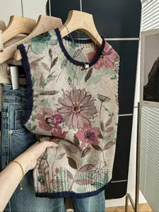 Women's Casual Loose-Fitting Round Neck Sleeveless Sweater, Fall & Winter Knit Top with Color-Block Edging, Floral Print