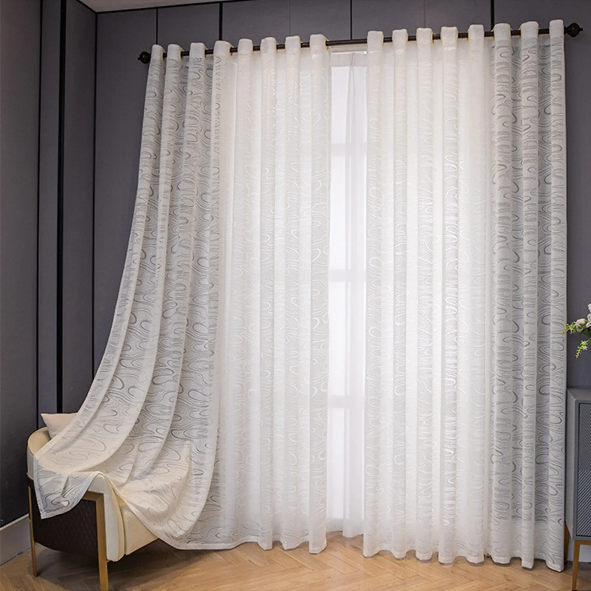 1pc Modern Luxury Embroidered Curtain, Wave Pattern Sheer Drapes, Net Curtains Window for Bedroom Living Room, Room Decor Curtain, All Seasons Use, Minimalist Style, Home Decoration Curtain, Curtains Netting