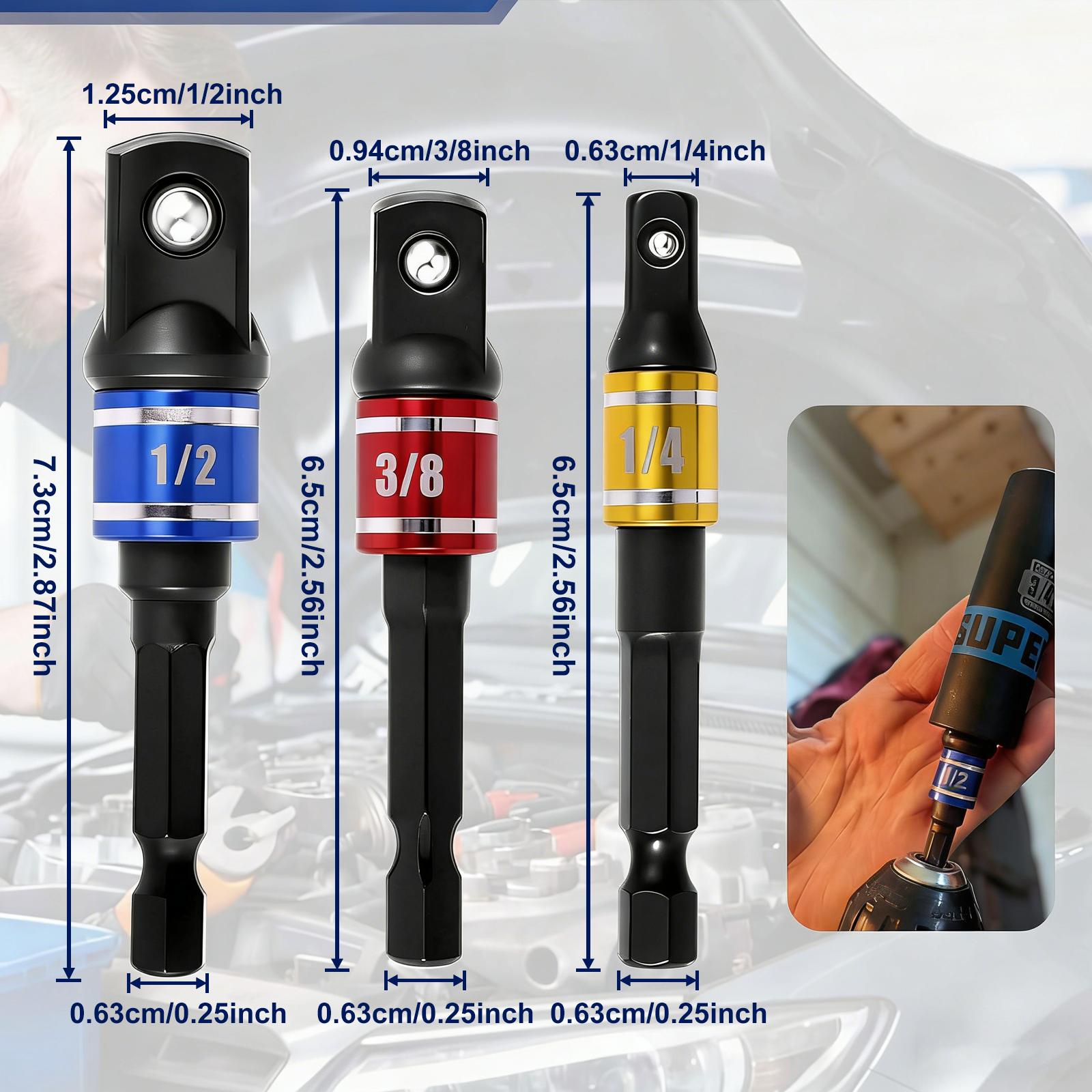 TOOLAZO Impact-Grade Socket Adapter Set (1/4", 3/8", 1/2"): Transform Your Impact Driver into a Heavy-Duty Socket Wrench. Forged from Tough Steel with Color-Coded Rings for Instant Size ID. The Perfect Gift for DIYers and Pros Who Demand Versatility.