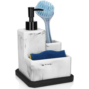 Soap dispenser with sponge holder and brush holderwhite marble 3 in 1 liquid hand dish soap dispenser and sponge holder sink caddy organizer for kitchen bathroomremovable bottom tray