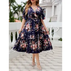 Women’s Plus Size Floral Print Dress, V-Neck A-Line Midi Dress with Short Bell Sleeves