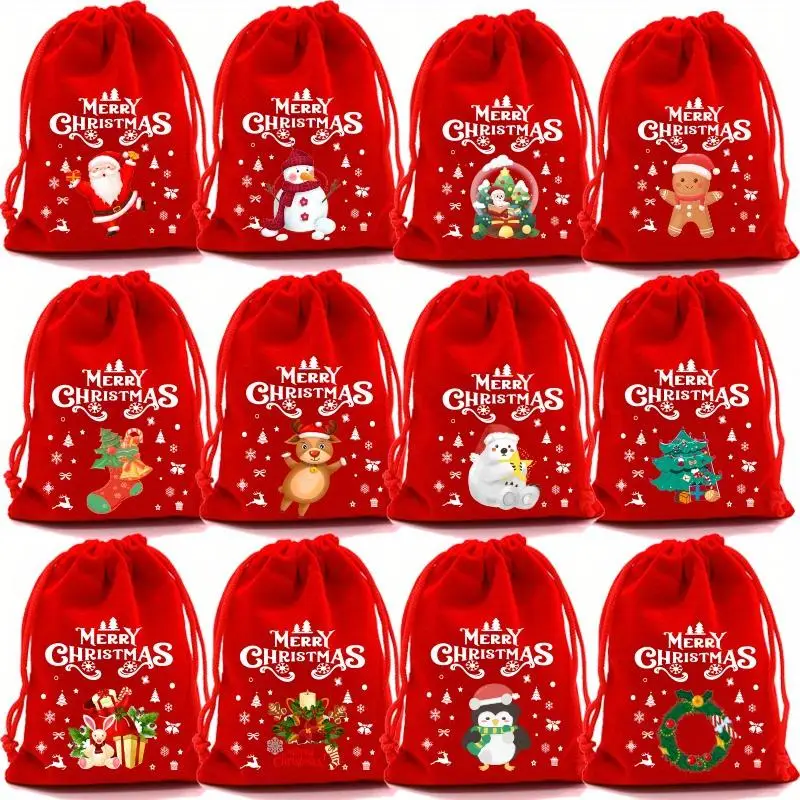 Christmas Themed Drawstring Gift Bag, 6/12pcs Reusable Soft Velvet Gift Bag, Candy Bag for Christmas, Party, Birthday, School Supplies