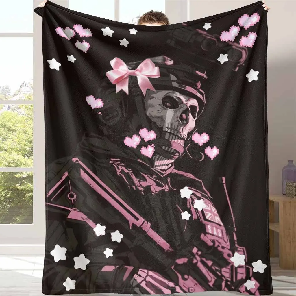 Call of Duty Ghost Skull Printed Flannel Decorative Blanket - Kawaii Pixel Hearts & Stars Design, Wrinkle Resistant, Breathable, 30 to 39 in Fluffy Cozy Soft Throws Blanket for Video Game Fans, Ideal for Sofa, Bed, Decorative Blankets, Fluffy Cozy Blanket
