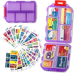 Travel Pill Organizer Box, 161 Labels, Portable Pocket Purse Pharmacy, 10 Compartment Small Pill Case, Daily Vitamin Healthcare Aid