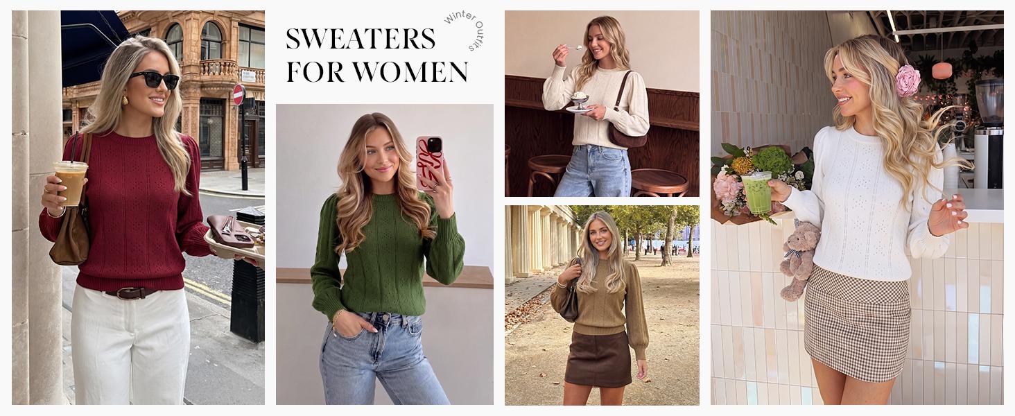 PRETTYGARDEN Women Fall Fashion Hollow Out Holiday Sweaters | Stretchy Cozy Knit, Puff Long Sleeve Pullover Tops, Crewneck Loose Fit, Dressy Casual Blouse, Trendy Winter Going Out Outfits#SohoChic