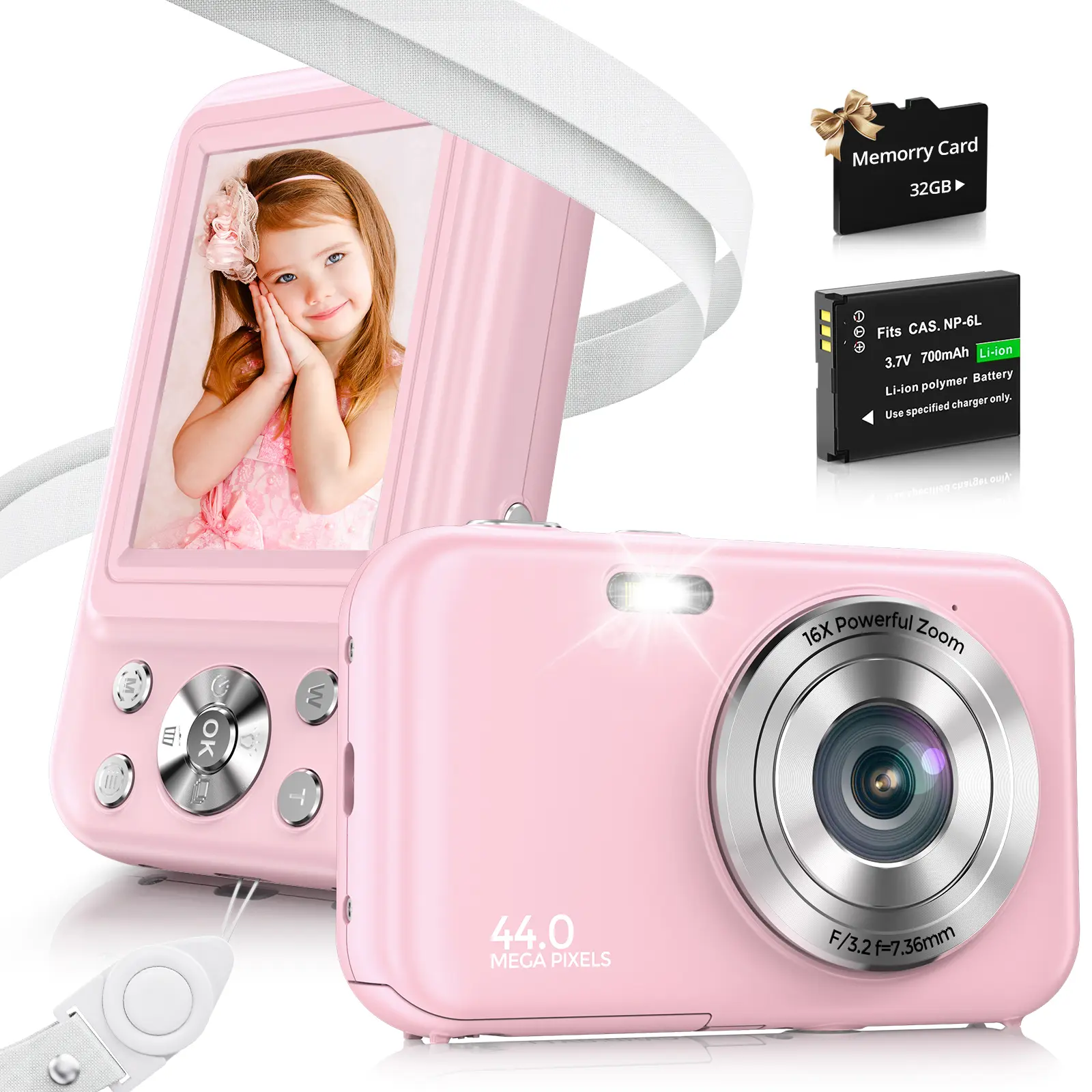 1080P retro  digital  camera, 44 megapixels (with 32GB memory card), 16x digital zoom with fill-in light, retro camera for documenting daily life,Holiday Gifts Pink summerwins