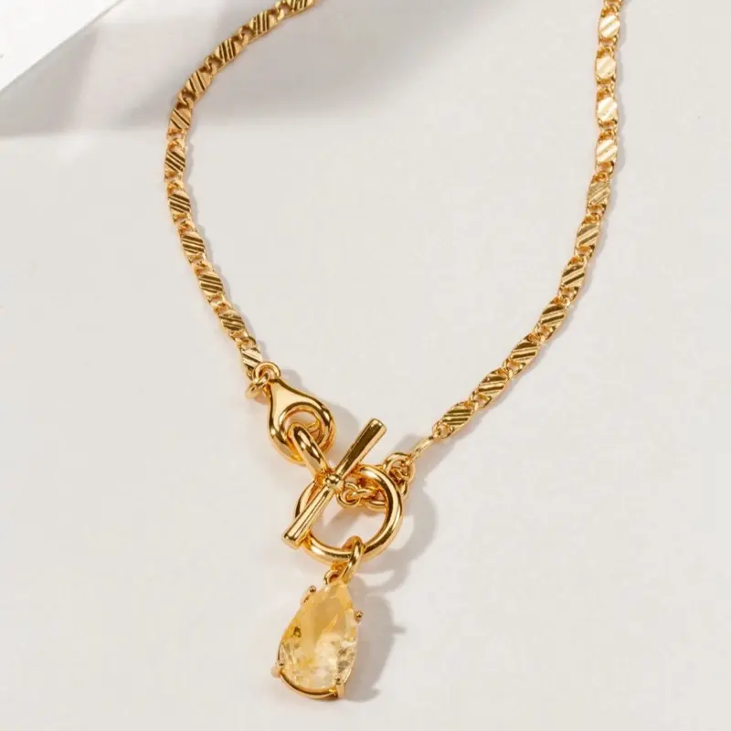 Exclamation Point Gold Necklace - Citrine Pendant with Gold Chain & Toggle Closure, Glimmering Design, Elegant Accessory for Adults