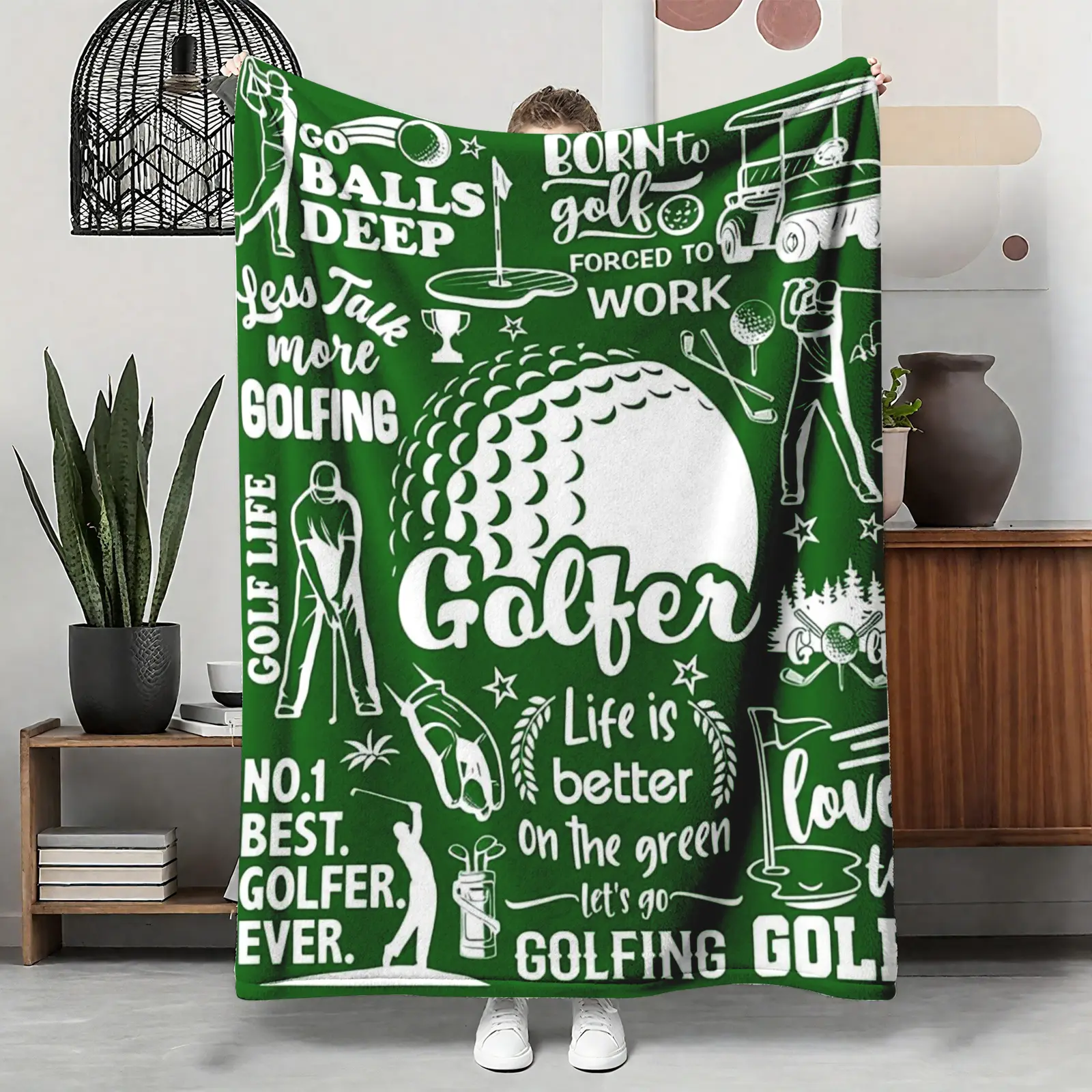 Golf Themed Flannel Throw Blanket - Brushed Texture, Double-Sided Flannel, Breathable Light, Soft Cozy Warm - Couch Bed Outdoors Use - Funny Gift for Golfer Him/Her - Christmas Birthday Father's Day Present