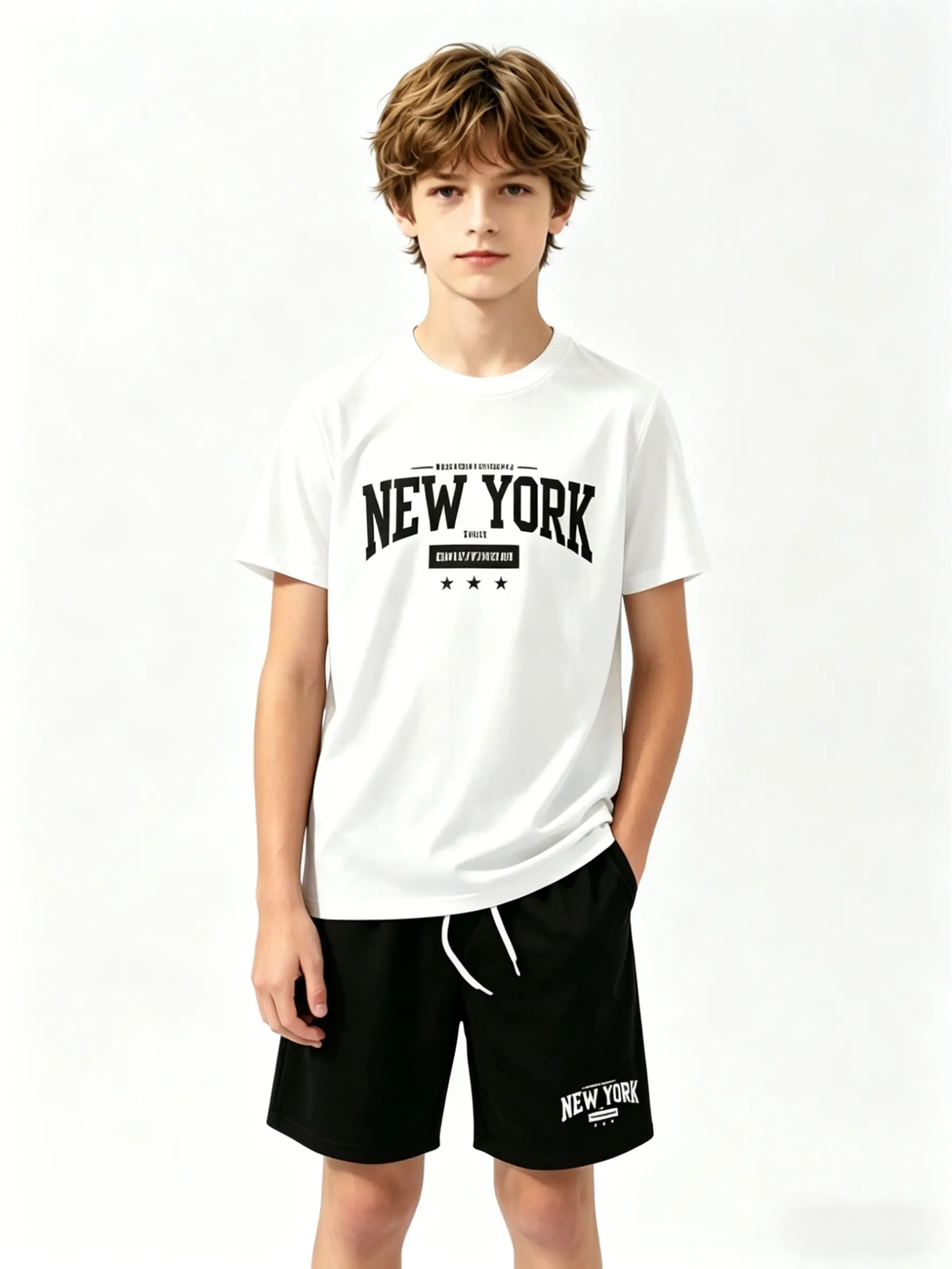 Boys’ 3–12 years Summer Two-Piece Outfit New York Printed Short-Sleeve T-Shirt & Drawstring Shorts Athletic Street Style