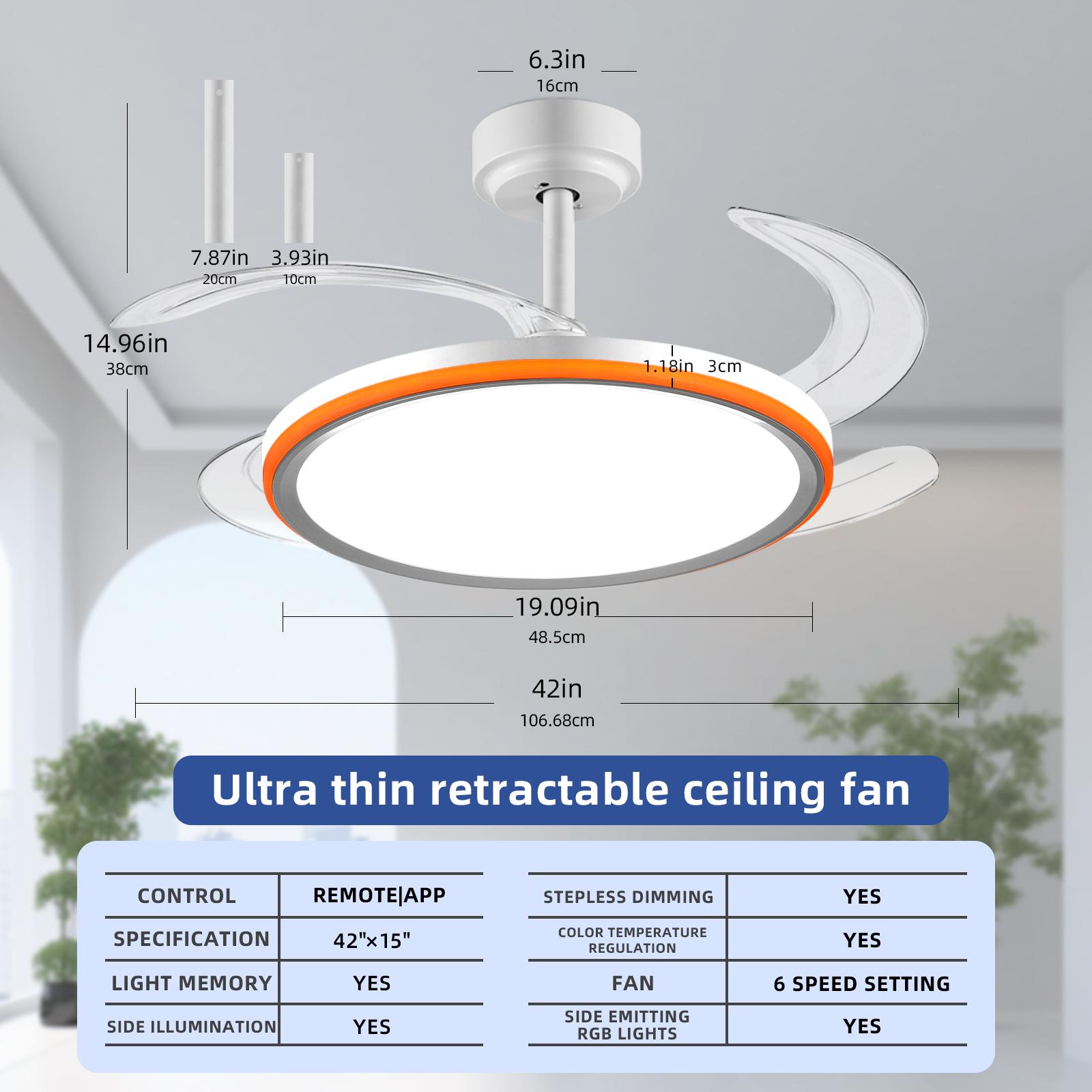 BaySquirrel Slim Invisible Ceiling Fans Lights with Remote Control & App 42 Inch Dimmable Fan 6 Retractable Blades 6-Speed Reversible Adjustable Rgb Lighting 24-Hour Timer Smart Lamp,Feb Faves,Valentine's Day