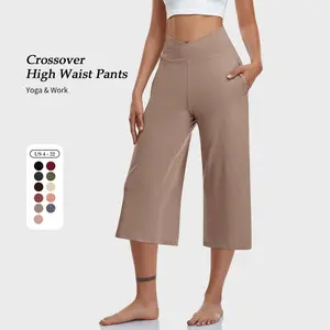 TARSE Womens Casual Wide Leg Yoga Capris Crossover High Waist Capri Pants Loose Soft Pajama Pockets Sweatpants work pants