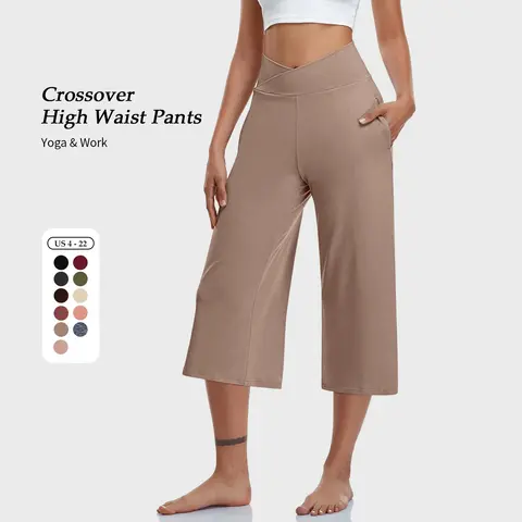 TARSE Womens Casual Wide Leg Yoga Capris Crossover High Waist Capri Pants Loose Soft Pajama Pockets Sweatpants work pants