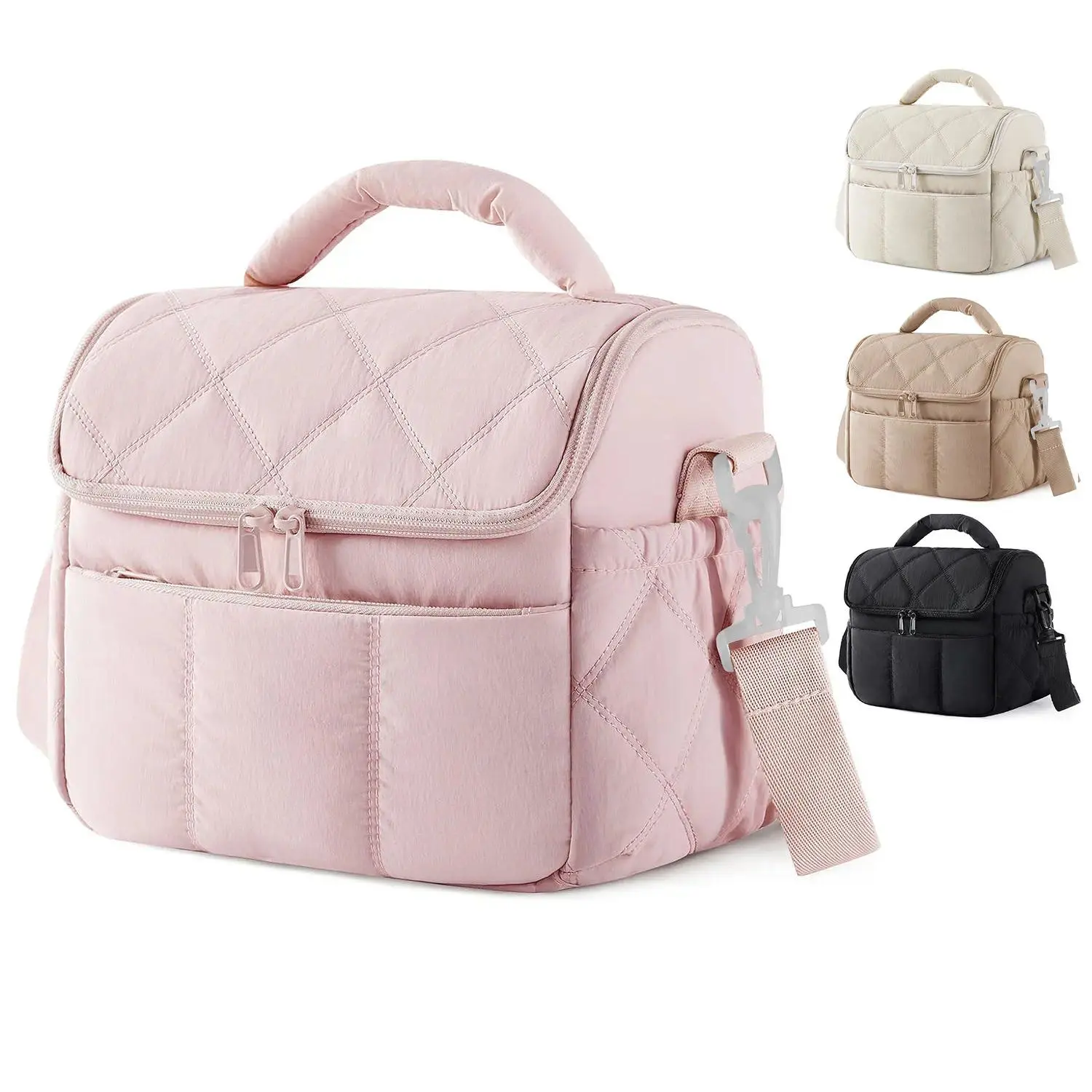 Insulated Travel Lunch Bag - Portable Outdoor Cooling Bag with Zip Closure, Multifunctional for Daily Work Commute, Available in 4 Colors (Pink, Beige, Black, White), Lunch Bags