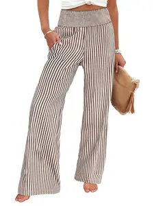 Women Striped Shirred Mid-Waist Pants