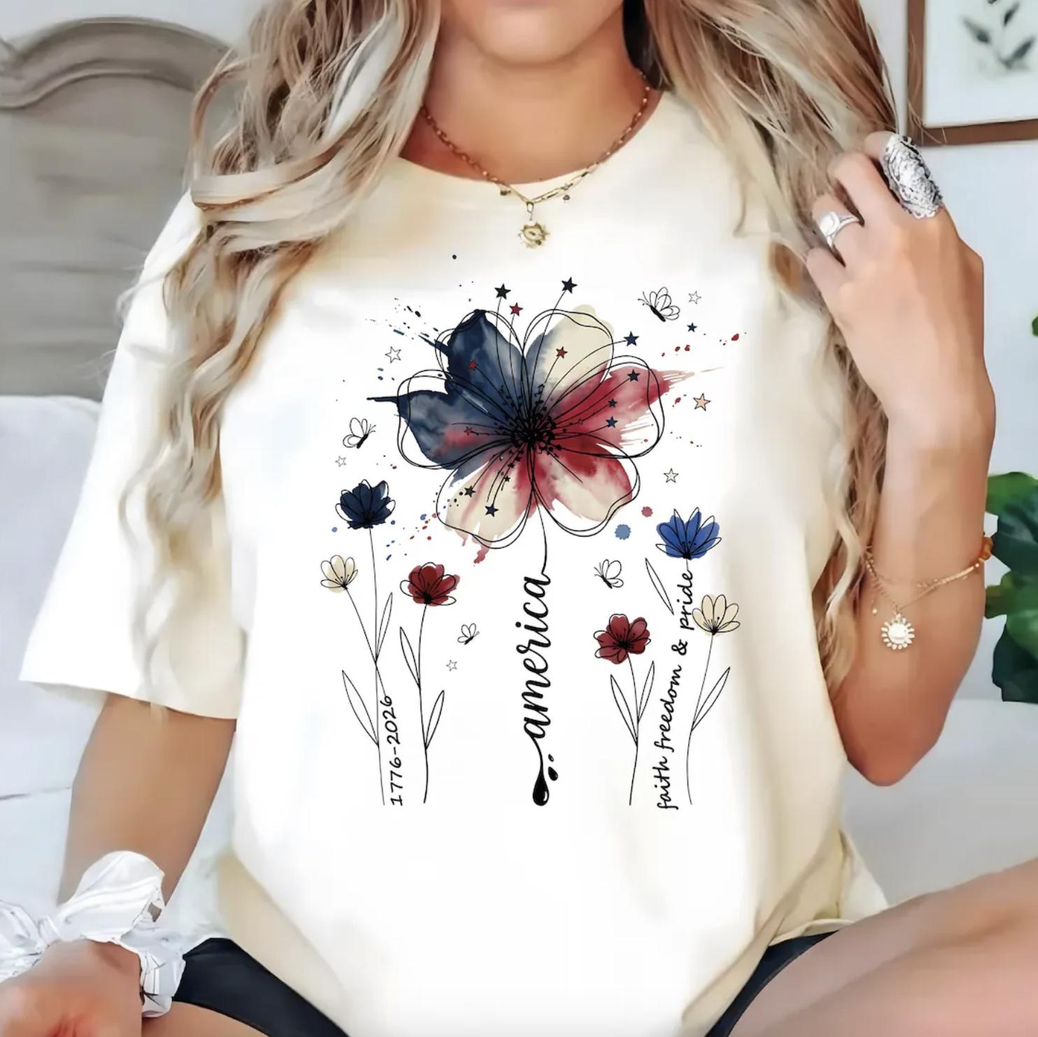 USA 250th Anniversary Floral T-Shirt, 1776–2026 Tee, Patriotic Wildflower Tee, America 250 Years Freedom 4th of July Tee, Independence Day Gift For Her