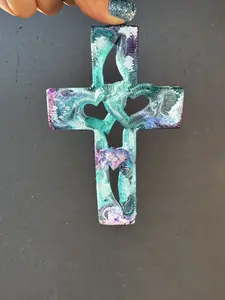 Resin Cross with Heart Shapes Blue & Purple