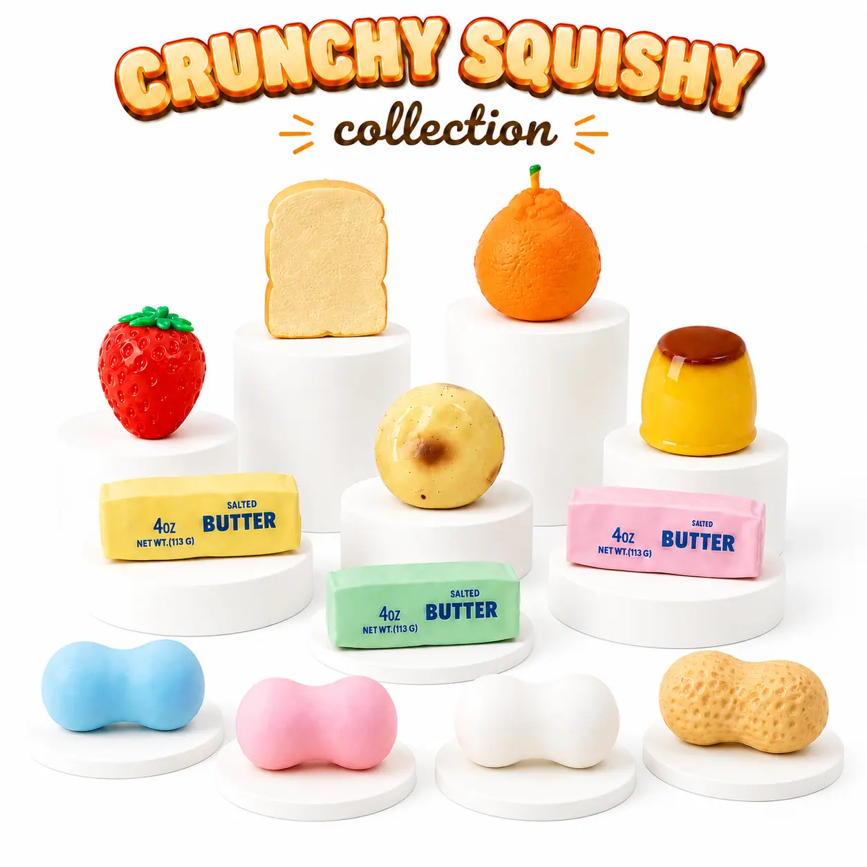 Crunchy Squishy Fidget Toys, Crunchy Sound Peanut Stress‑Relief Tactile Fidget Toy, ASMR Crunchy Cheese Butter, Crunchy Food-Shaped Squeeze Toy, Fruit Shape Sensory Toy for Kids & Adults Perfect Classroom Party Favor