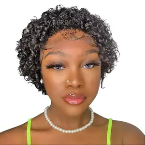 pixie human hair wig 13*1 frontal lace short curly pixie human hair wig for black woman dyeable and heat-treatable Lace Closure Wig