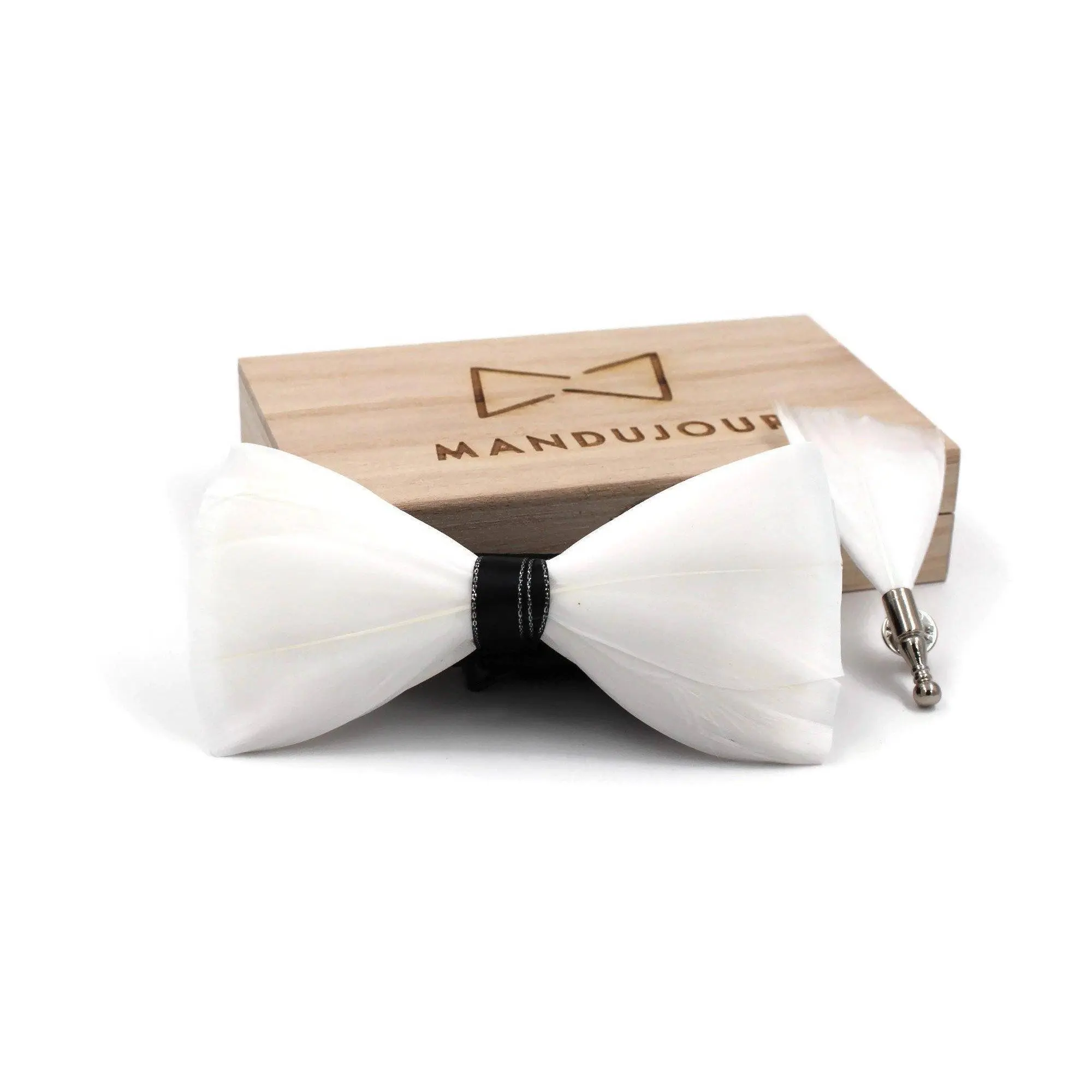 All White Snow Goose Feather Bow Ties lapel Pin Set