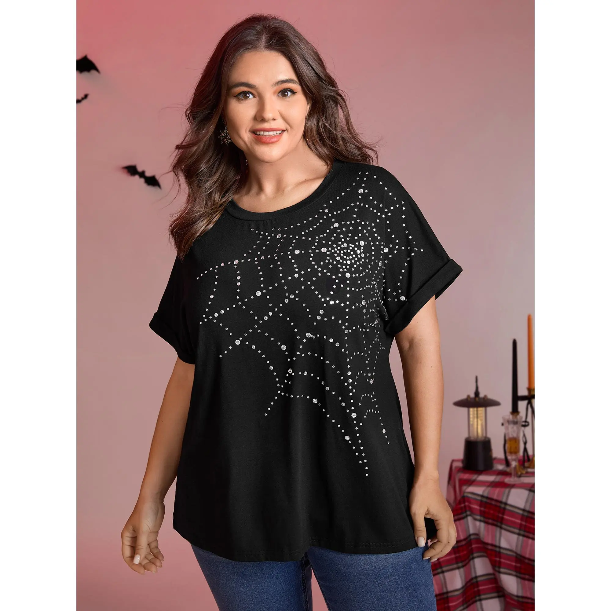 BloomChic Women's Plus Size Casual Streetwear T-Shirt, High Stretch Spandex Top with a Round Neck and Rhinestone Spiderweb Graphic, Casual Streetwear Top, Fabric, Simple, Sleeve, Comfy, Everyday, Short, Breathable, Fit, Tshirt, Rolled Hem, Rhinestones, Sp