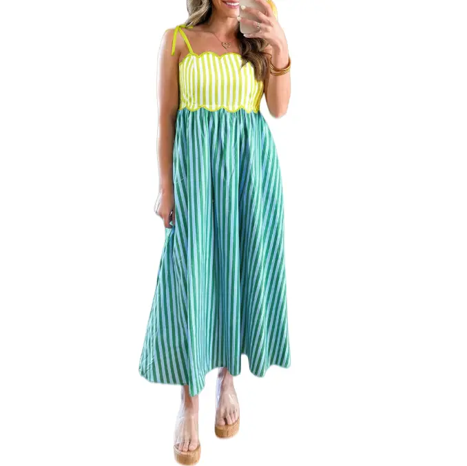 Women's Summer Casual Striped Scalloped Midi Dress Vacation Style Fashion Scalloped Bodice with Adjustable Knot Straps and Flowy A-Line Midi Silhouette, Embroidery, Sleeveless, Feminine, 100% Polyester, Lady, High Waist