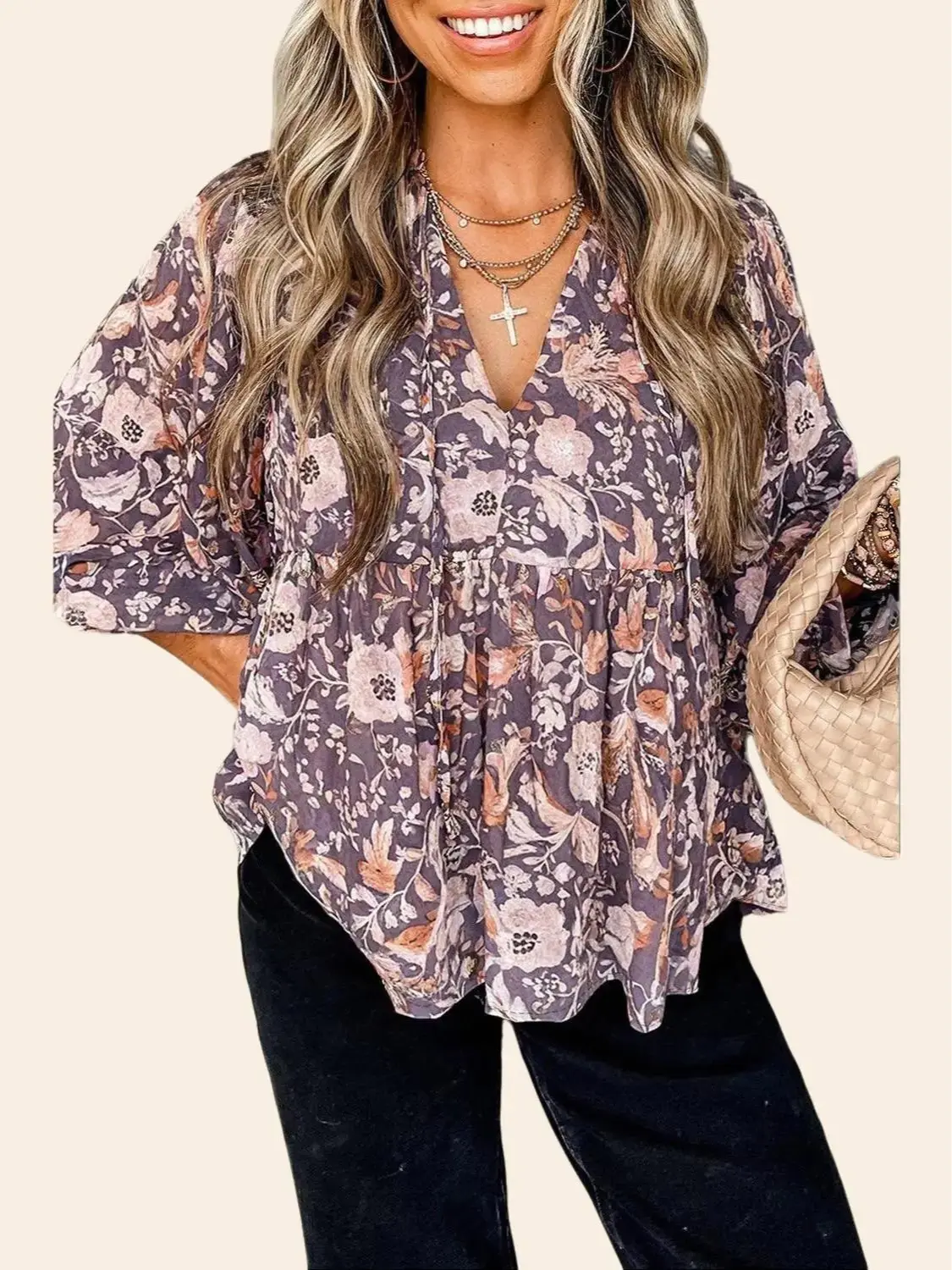 Women's Bohemian Flower Print Polyester Babydoll Blouse - 3/4 Sleeves, Casual Relaxed Fit Everyday Tops, Shirts, Style, Lady, Flowers, Comfy Casual, Hippie Style, Going Out, Ootd Ideas, Ditsy Floral, Baby Doll Aesthetic, Babydoll Tops, Style Inspo