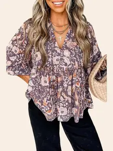 Blue Boho Flower Print 3/4 Sleeve Babydoll Blouse