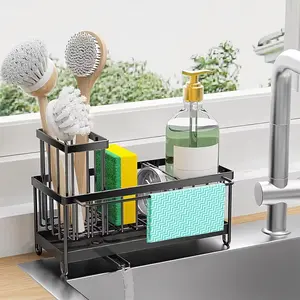 Sponge Holder for Kitchen Sink, 1 Count 360° Self-draining Sink Caddy Organiser with Removable Drain Tray, Stainless Steel Soap Dispenser and Storage for Home Decor and Kitchen Countertop, Racks, Kitchen Utensils, Rustproof Metal Organizer