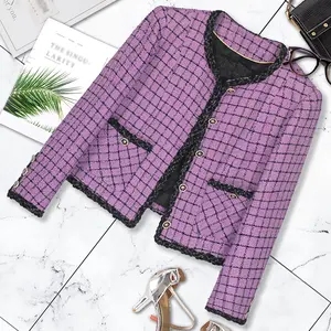 Fashionable Textured Women's Top New Purple Patchwork Woven Lace Round Neck Plaid Long Sleeve Coarse Woolen Jacket for Casual Wear - Womenswear, Chic