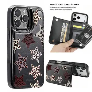 Creative and stylish leopard print star-themed anti-drop leather card holder phone case,for iPhone 17 Pro Max Phone Case 17 Air 16 15 Plus 14 13 12 , Samsung Galaxy S25 ULTRA FE Plus S22 S23 FE S24 Plus