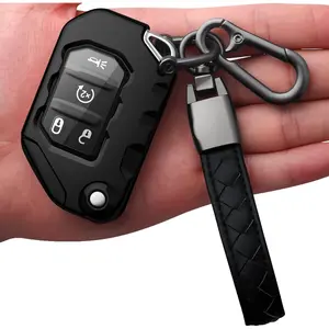 Autophone Jeep Key Fob Cover with Leather Keychain-Soft TPU Protection Case for 2018-2025 Wrangler JL/JLU (Including Rubicon), Wagoneer, Gladiator JT (Sahara)-Black