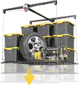 4x4ft Overhead Garage Storage Rack, 250 LBS Heavy Duty Ceiling Rack for 8-10ft Ceilings with Safety Lock