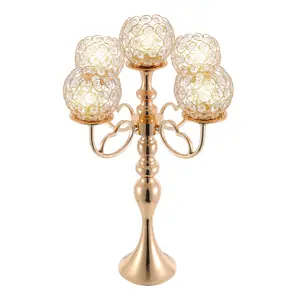 2Pcs Luxury 5-Arm 21.5in Metal Candle Holders, Gold-Plated Iron & Crystal Candelabras for Home Interior, Birthday & Wedding Party Romantic Table Décor, Gifts