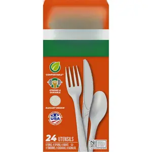Compostable Assorted Cutlery Set, Utensils for BBQs, Tailgates, Camping, Parties, and More, Includes 8 Forks, 8 Spoons, and 8 Knives, Compostable, Sustainable Design, 24 Count