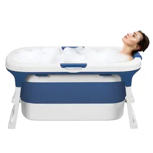 55 inch Portable Bathtub Adult Foldable Bathtub Soaking Tub for Shower, Large Collapsible Tub with Handle, Freestanding Surround Collapsible Bathtubs, No Lid, Hot Bath, Ice Bath Blue