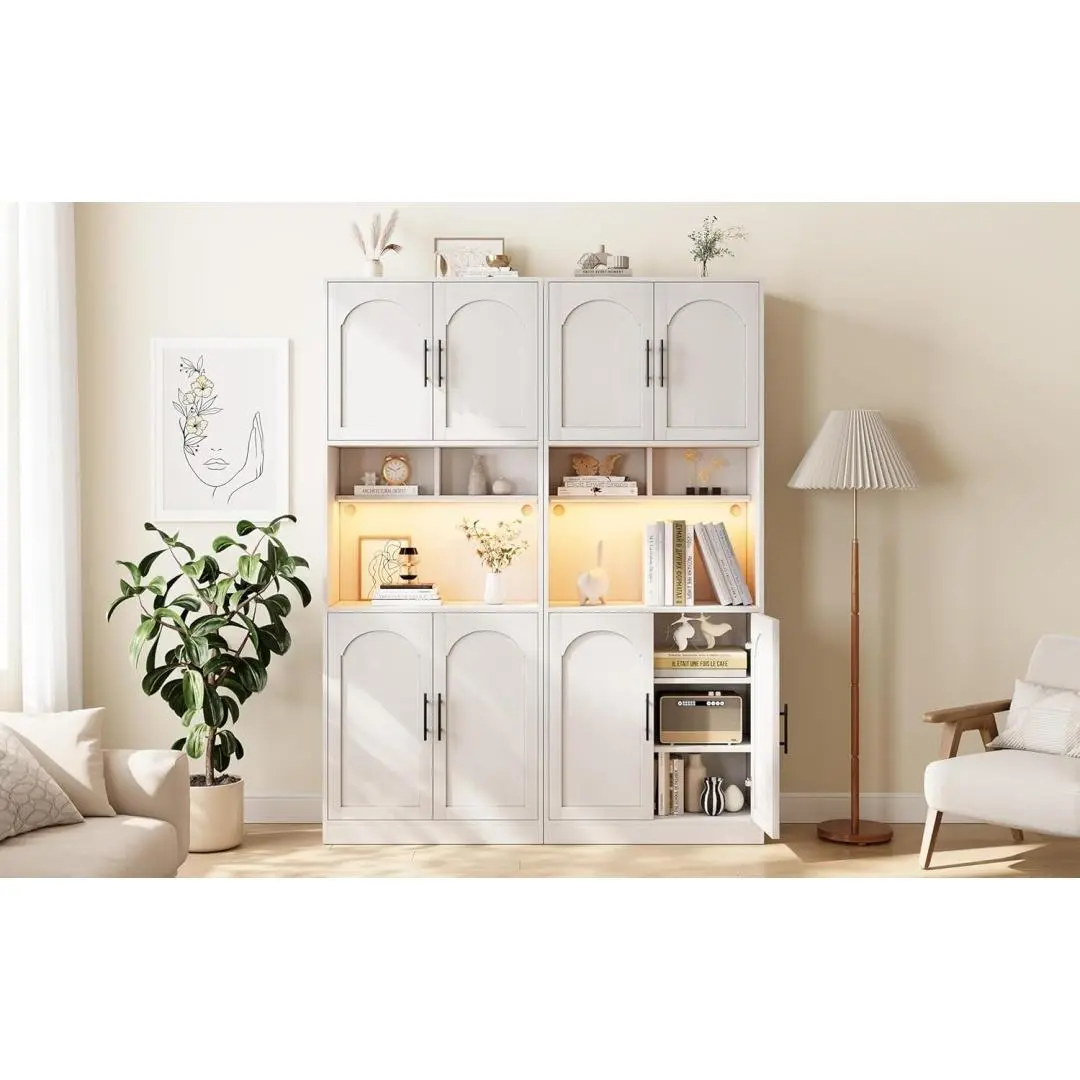 Home 71 Inch Tall Pantry Cabinet with Countertop Kitchen Cabinets with LED Light Strip and Microwave Shelf Kitchen Hutch Storage Cabinet with Adjustable Shelves for Dining Room -White