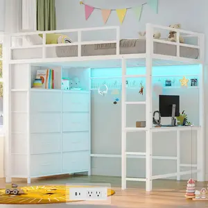 SIKAIC Sturdy White Twin-Size LED Loft Bed Frame with Built-in Desk, 8 Drawers, Led Lights, Storage, Charging Station, and Metal Mesh Board