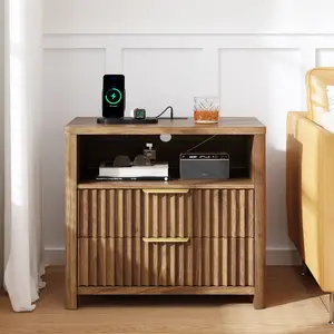 Fluted Nightstands, Wooden Night Stand with Charging Station , Modern Mid Century Bed Side End Table with Drawer, for Bedroom, Natural Oak