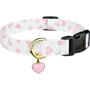 Cotton Handmade Dog Collar Cute and Distinctive Patterns White and Pink Love Heart with Pendant for Girl Boy Dogs Collars S