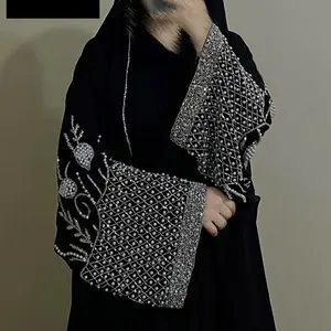 Luxury Embellished Open Front Abaya with Matching Hijab, 2-Piece Islamic Maxi Dress with Rhinestone Diamond Lattice for Weddings, Islamic Abaya Dress