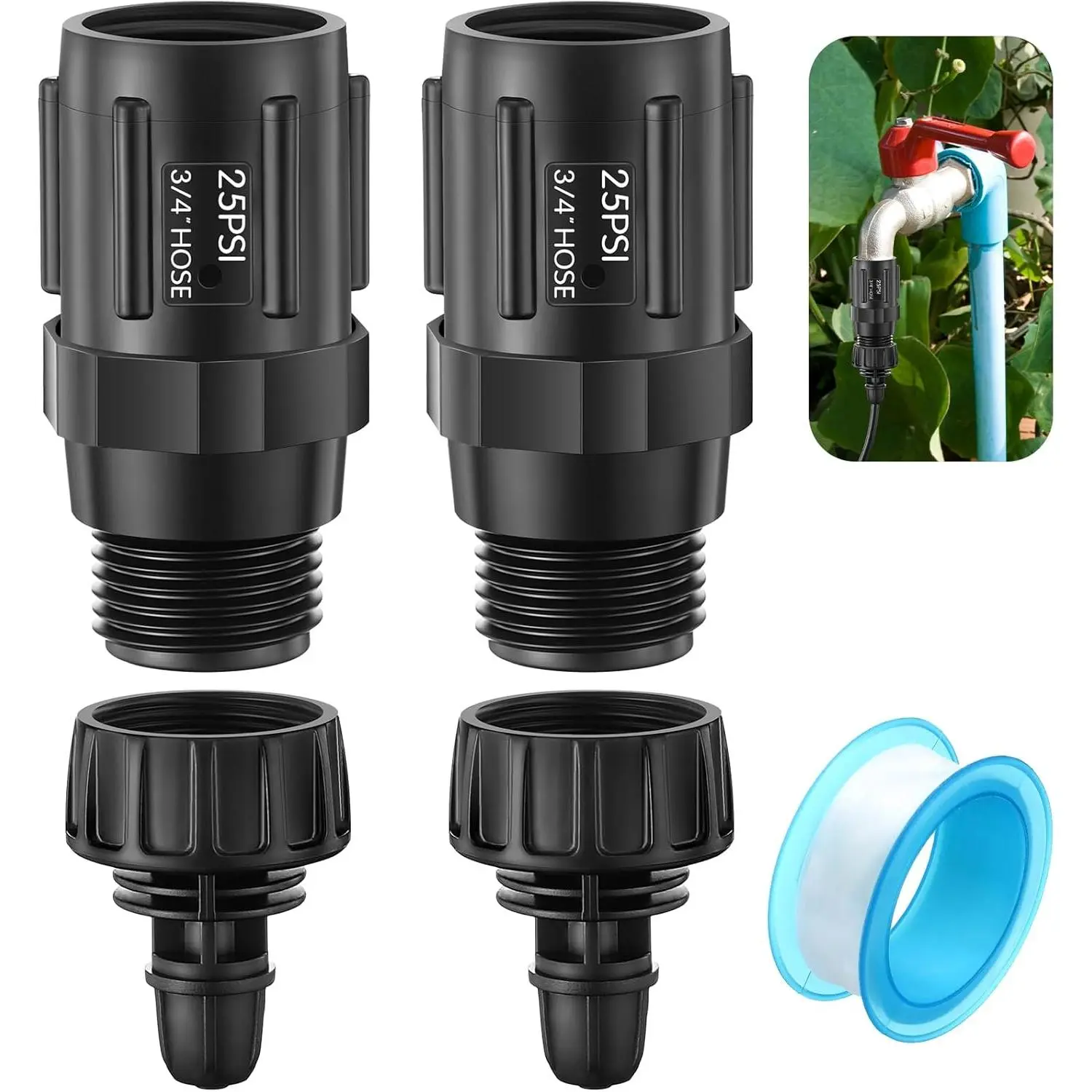 2 Set Drip Irrigation Faucet Adapter Kit, 2 Pcs 25 PSI Garden Hose Pressure Regulator, 2 Pcs 1/4'' Drip Irrigation Tubing to 3/4'' Faucet, 1 Roll Plumbing Tape